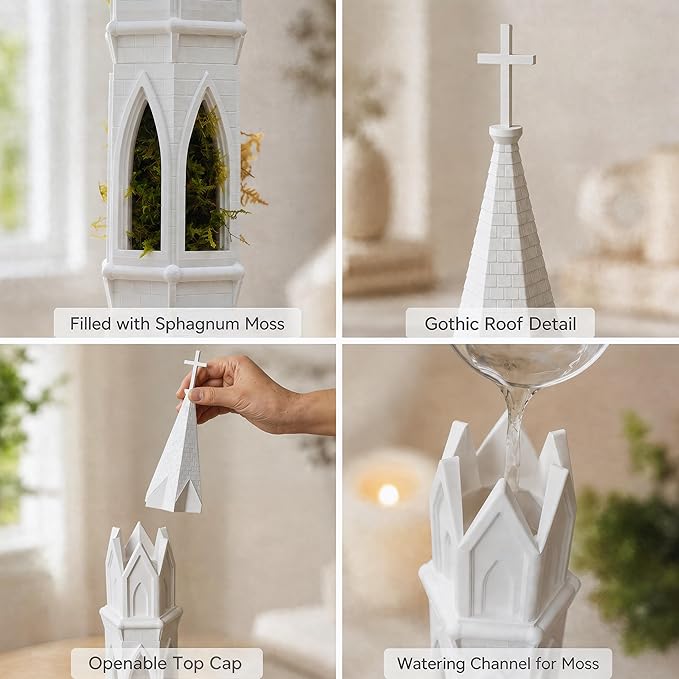 Gothic Tower Self-Watering Moss Pole for Monstera, 3D Printed Stone Texture Plant Support Stake for Climbing Plants, Indoor Plant Trellis for Philodendron, Pothos, Vine Plants (White)