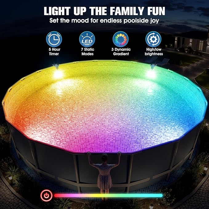 Solar Pool Lights for Metal Frame Above Ground Pool, Upgraded Solar Lights w/LCD Pool Thermometer,Underwater Led Lights for Pool Accessories,Swimming Pool Lighting with 10 Light Modes,1PC