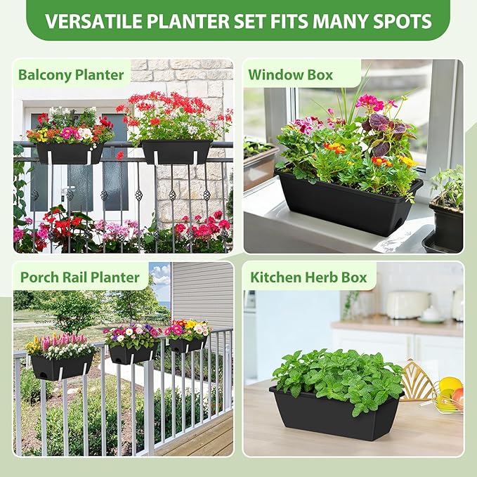 OYEAL Railing Planter Box Outdoor 4 Pack Hanging Balcony Planters 17 Inch Window Boxes Planter with Adjustable Brackets Plastic Flower Pots for Garden Deck Porch Railing Balcony Fence, Black & White