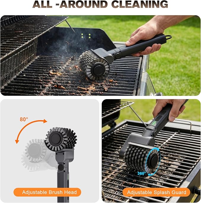 Electric Grill Brush for Outdoor, Electric Grill Cleaner with 2 Heads, 3-Speed & Angle Adjust Cordless BBQ Grill Brush, 150Mins Runtime Grill Cleaning Brush for Outdoor Barbecue Grates