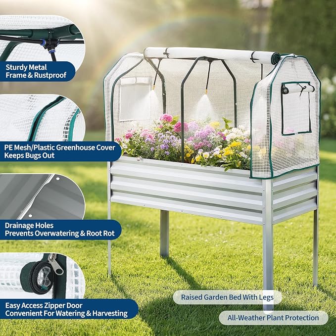 48×24×56in Galvanized Elevated Raised Garden Bed with Legs, Greenhouse Cover & Bird Net, Deep Metal Raised Planter Box for Backyard Patio Balcony Vegetables Herbs Flowers