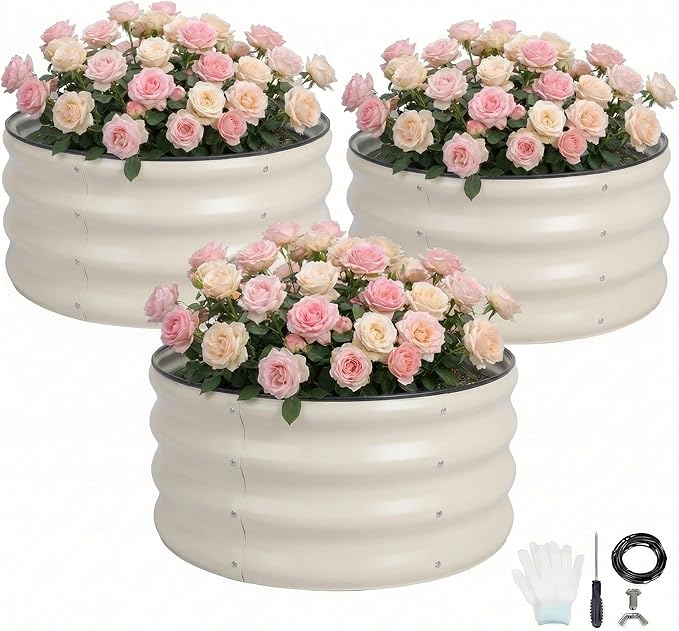 Sponvatt 3 Pcs Round Galvanized Raised Garden Bed Kit 24 x 12 Inch Metal Planter Box Outdoor with Safety Rubber Edge Trim Rust Proof Weather Resistant Circular Steel Garden Beds White 12 Inch Deep
