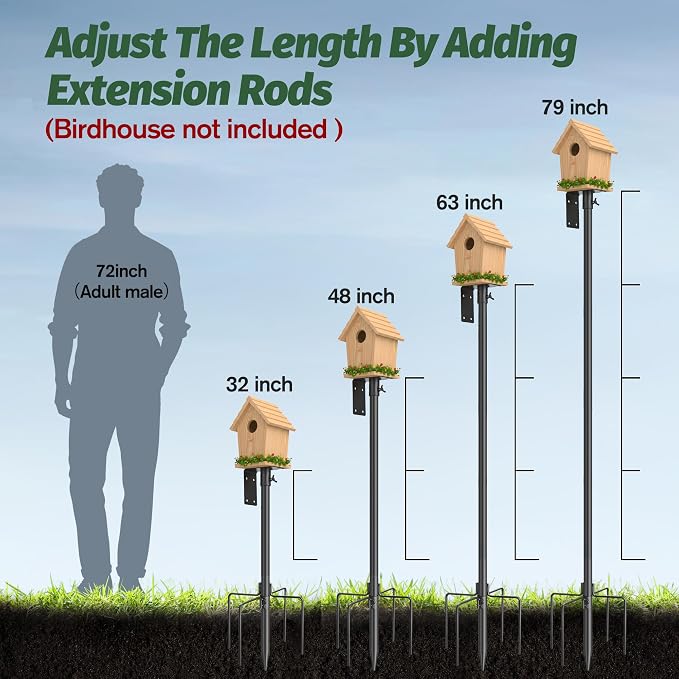 79 Inch Bird Feeder Pole Kit, 5-Prong Base, Hanging Hook | Heavy-Duty Metal Pole, for Bird Houses, Garden Décor, Backyard and Patio Use