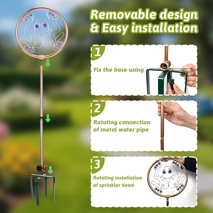 34" Tall Copper-Coated Stainless Steel Garden Sprinkler, 360° Rotating Decorative Ornamental Sprinkler for Lawn, Yard & Landscape Watering (Frog)