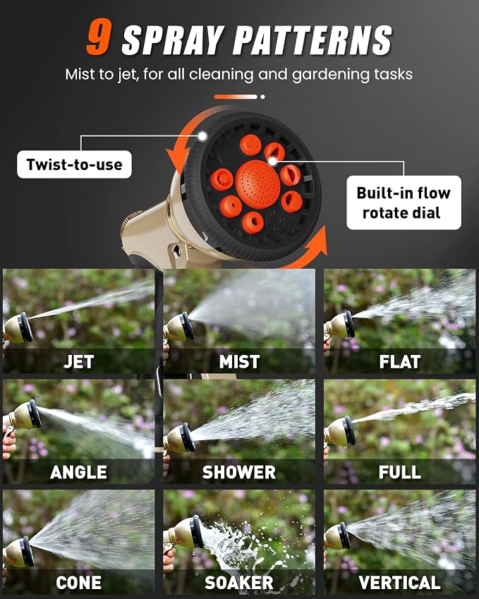 RAINPOINT Garden Hose Nozzle, 9 Spray Patterns Hose Sprayer Nozzle, Heavy Duty Metal Water Hose Nozzle, Adjustable Hand Sprayer, Watering Plants and Lawn, Pet Showering (Nozzle, Orange)