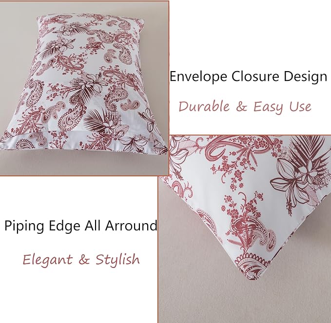 FADFAY Twin XL College Bedding Red Paisley Sheets Extra Long Dorm Room Essential Bedding 100% Egyptian Cotton Soft Breathable Sheets Exotic Tropical Floral French Country Vintage Farmhouse Sheet 4Pcs
