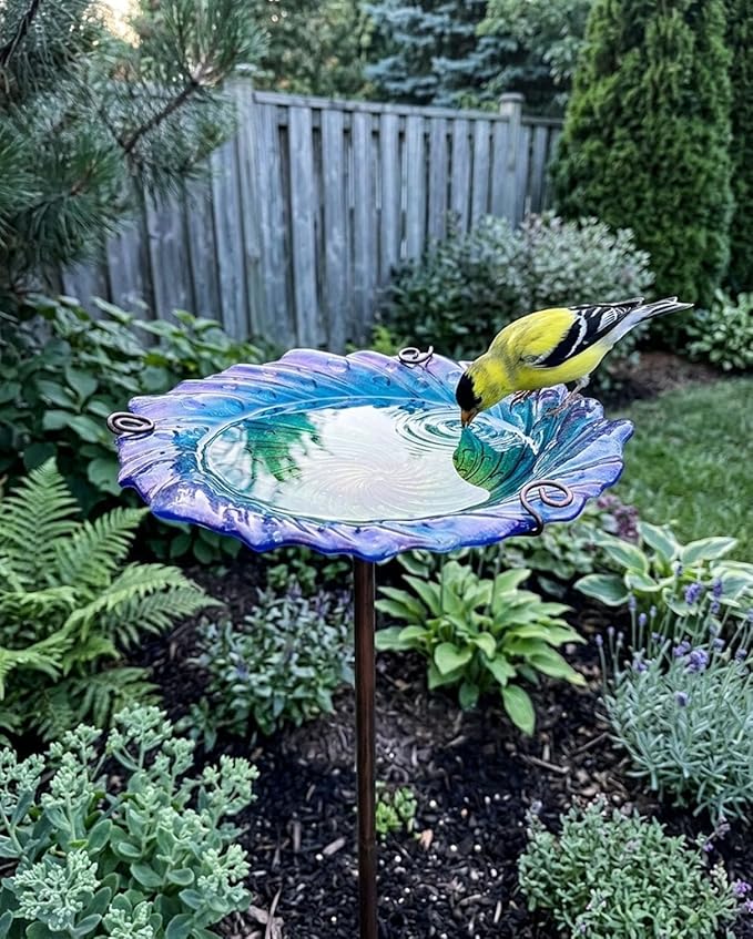 Blue Glass Bird Bath for Outside with Metal Stake 10.5" | Shallow Decorative Garden Birdbath Bowl or Feeder for Backyard Patio Lawn | Outdoor Water Dish for Small Birds