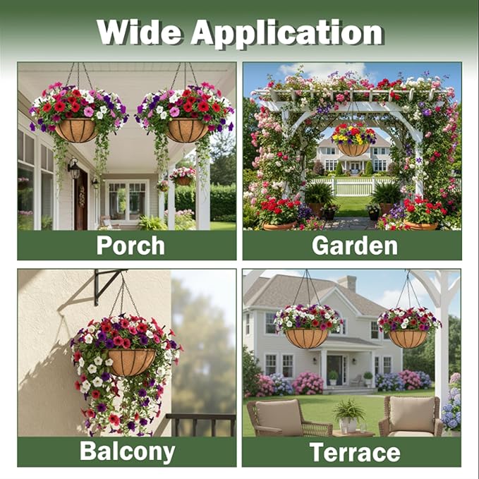 4 Pack 8 Inch Hanging Baskets for Plants Outdoor Metal Hanging Planter Basket with Coco Coir Liner Hanging Flower Baskets Hangings Flower Pots Holder for Garden, Patio(Watermelon)