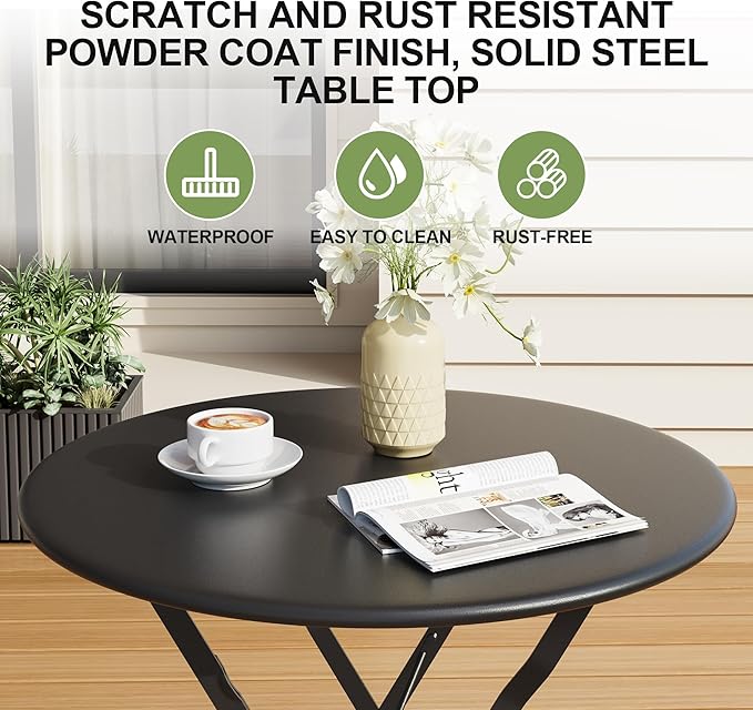 Bistro Table and Chairs Set of 2, 3 Piece Outdoor/Indoor Folding Patio Bistro Sets, 2 Chair Patio Furniture Set with Table, Premium Frame Foldable Coffee Tables for Balcony, Yard, Garden, Black