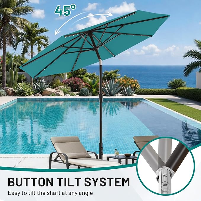 AreShark 9FT Patio Umbrella with Solar Lights, 32 Lighted Pool Umbrella w/Tilt and Crank, Outdoor Market Solar Umbrellas for Garden, Deck, Backyard, Pool and Beach, Lake Blue