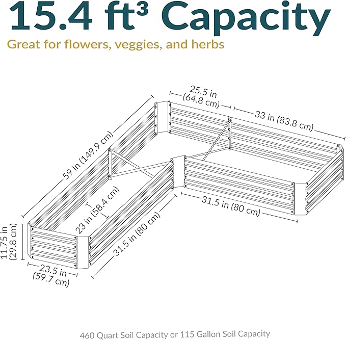 Sunnydaze Galvanized Raised Garden Bed Kit - 5x5x1 ft Outdoor Raised Garden Bed - Metal Planter Box for Vegetables, Flowers, Herbs - Dark Gray - L-Shaped