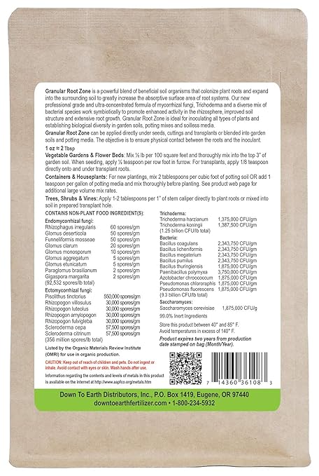 Down To Earth All Natural Fertilizers Organic Granular Root Zone - Mycorrhizal Fungi and Beneficial Bacteria - Soil and Root Inoculant for Plants, 8 oz