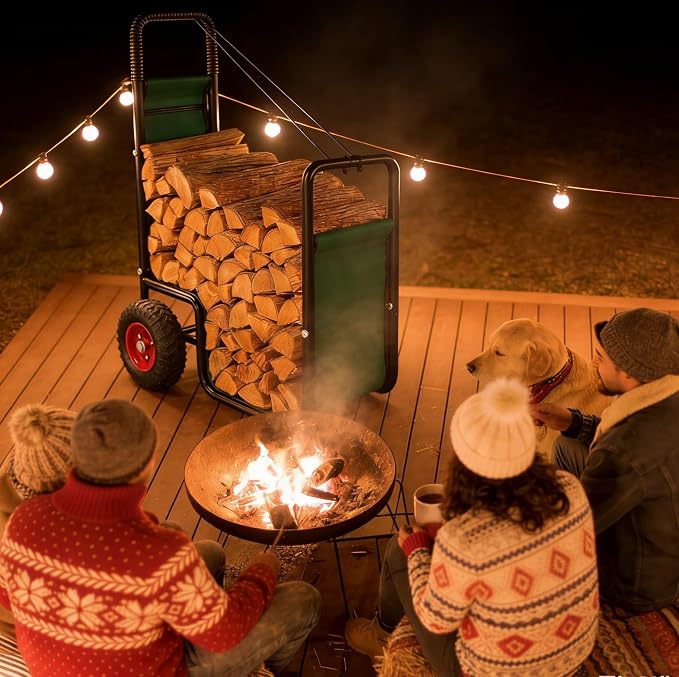 Firewood Cart with Wheels - Heavy Duty Outdoor Log Rack Holder Easy Transport for Fireplace Garden & Garage - Portable Storage Mover 220LB Capacity Waterproof