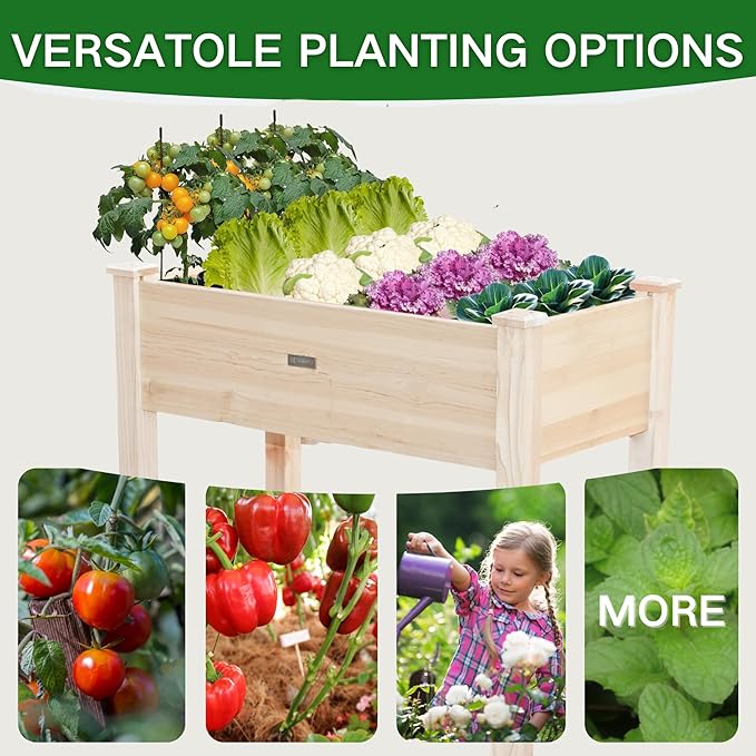 Wooden Raised Garden Bed with Legs, Elevated Reinforced Planter Box with Bed Liner for Outdoor Backyard/Patio/Gardener, 34x18x30in, 150lb Capacity - Natural