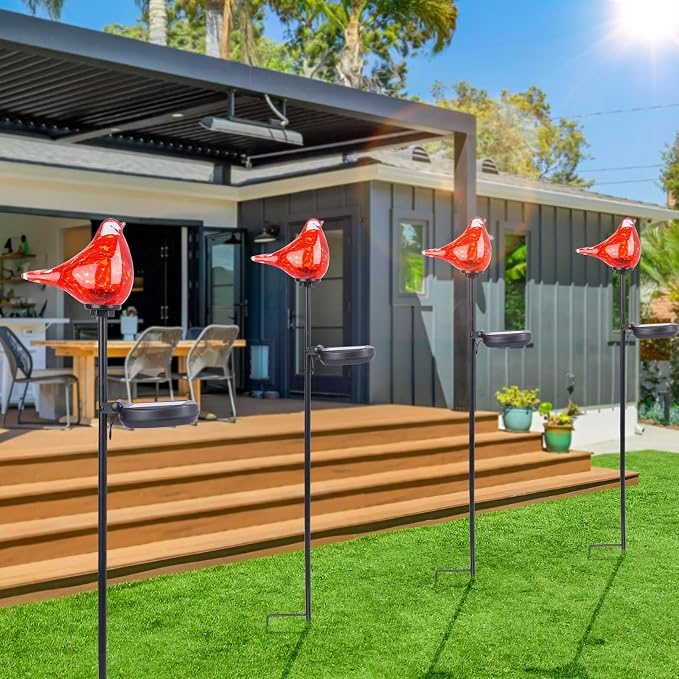 Bshine Solar Garden Decoration Outdoor Cardinal Lights, Hand Blown Glass Waterproof Solar Light Stake Red Cardinal Decorate Paths, Pathways, Lawns and Yards Art for Mom Gift, 2 Pack