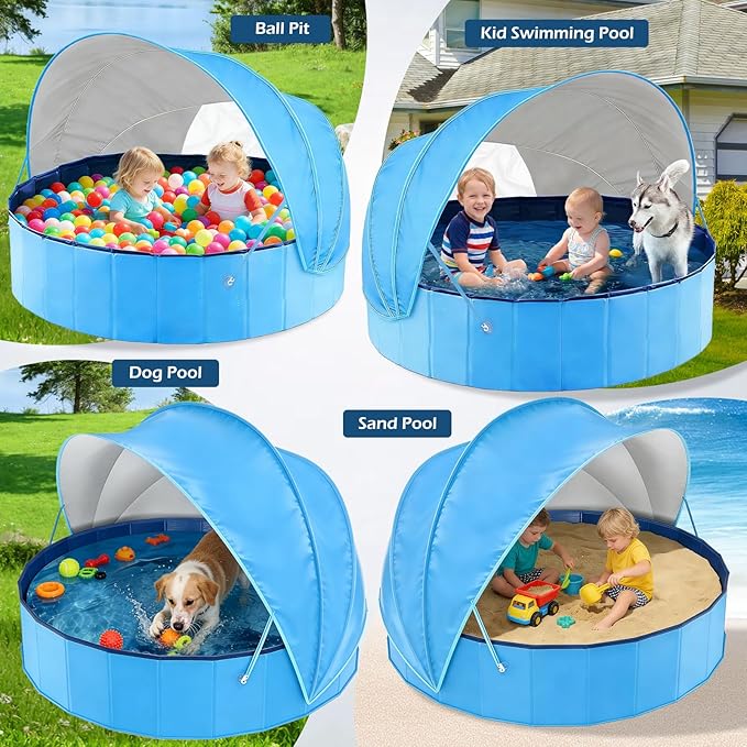 Jasonwell Kiddie Baby Pool with Canopy - Foldable Infant Toddler Kids Pool with Shade Baby Beach Essentials Tent Swimming Wading Pools for Toddlers 1-3 + Kids Dogs Ball Pit Backyard Water Play B, 63"