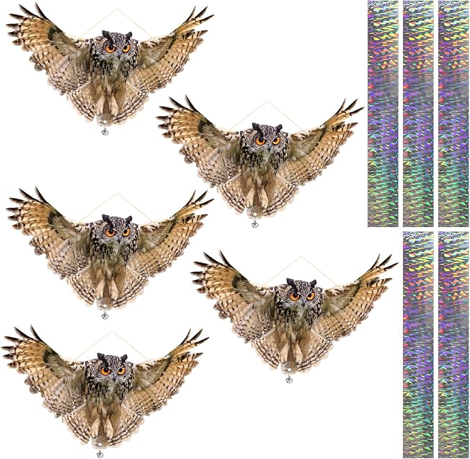 5PCS Fake Owl Reflective Hanging Owl Decoration, Effective Owl Control Device Garden Protectors for House, Garden, Pool, Yard