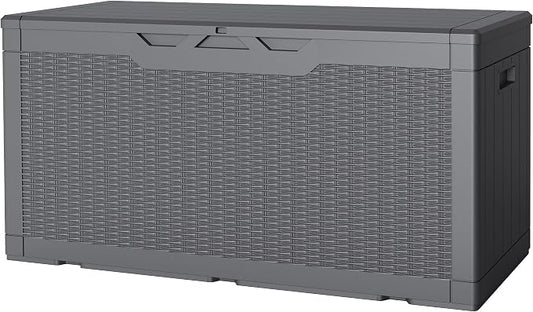 JUMMICO 100 Gallon Resin Deck Box, Waterproof Outdoor Storage Box with Lockable Lid for Garden Tools, Patio Cushions (Gray)