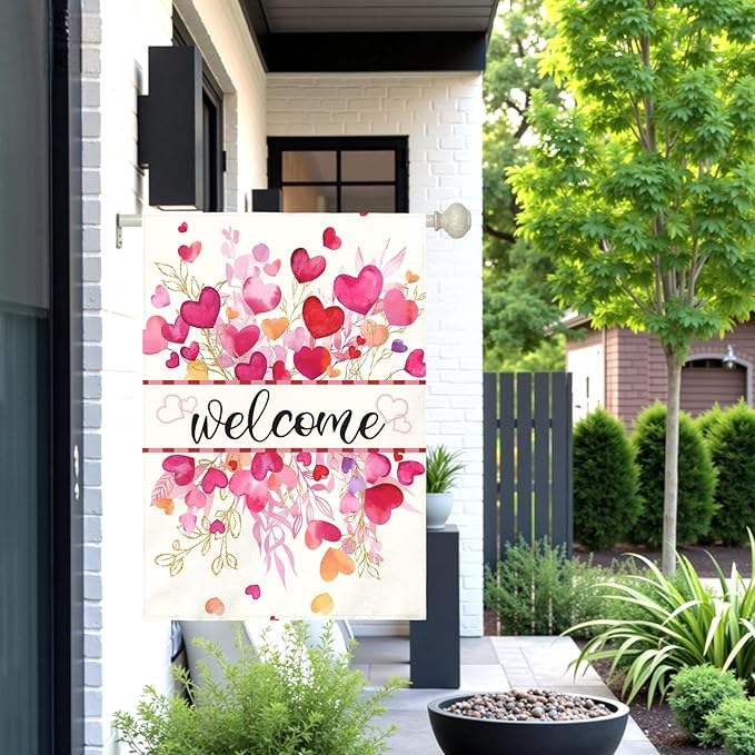 Valentines Day Garden Flag Welcome Heart Large Double Sided House Banner Romantic Red Pink Love Hearts Yard Flags for Porch Patio Lawn Farmhouse Wedding Anniversary Party Decor 28x40 Inch