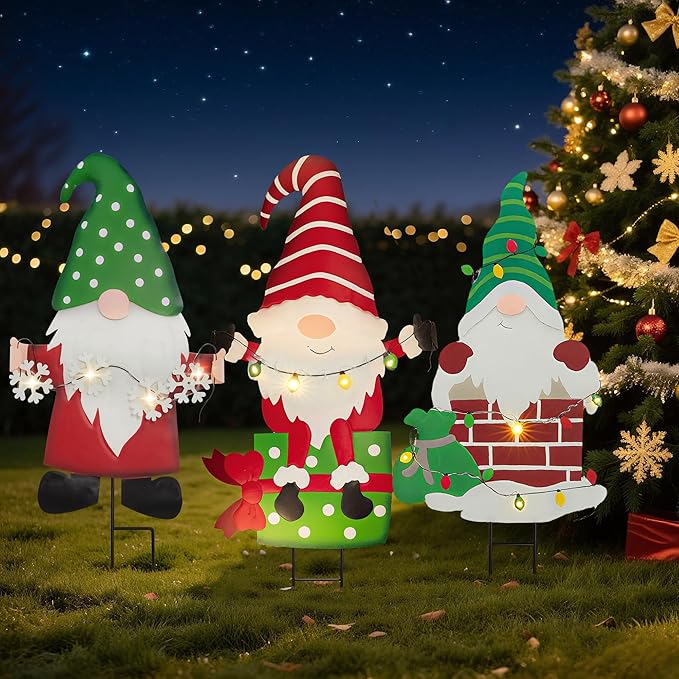 Christmas Gnome Yard Stake Indoor & Outdoor Decorations, Lighted Metal Solar Powered LED Holiday Garden Stakes, Waterproof for Pathway Patio Lawn Porch, Winter Xmas Snowflake Decor Signs