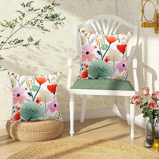 Floral Outdoor Throw Pillow Covers 18x18 Waterproof Colorful Summer Spring Garden Decorative Square Patio Pillows Outdoor Pillows Covers for Patio Furniture Set of 2 (No Pillow Insert)