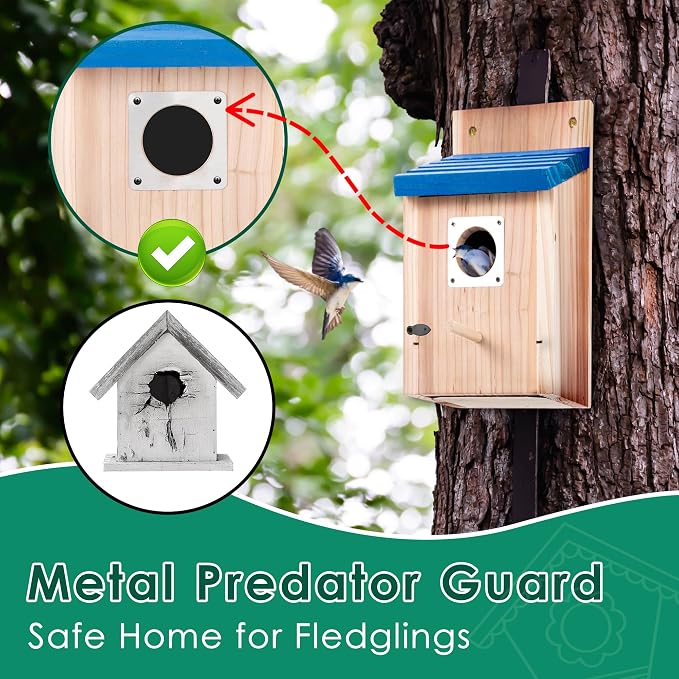 Dreyoo 4 Pack Bluebird Houses for Outside, 1-1/2'' Entrance Hole Wooden Bluebird Houses for Outdoors with Metal Guard, Secure Latch, Fledgling Grooves, Air Vents (Blue Roof with Wood Body)