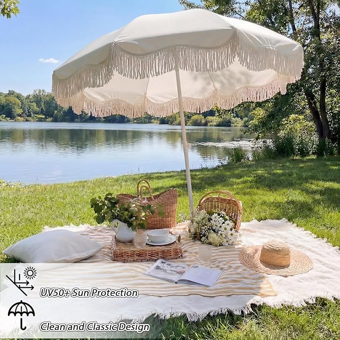 6.5 Ft Fringe Patio Umbrella and 71"x 91" Extra Large White Picnic Blanket UPF50+ Outdoor Tassels Ruffles Beach Umbrella with Steel Pole for Camping Patio Lawn Beach Park