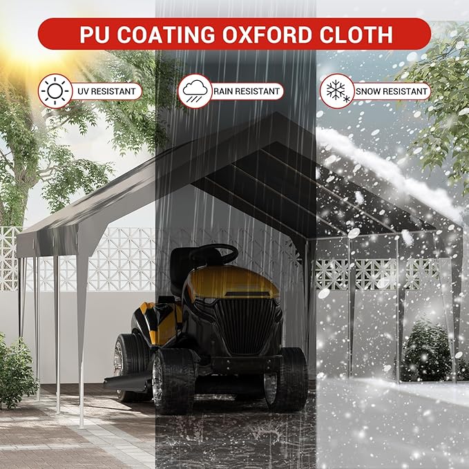Garvee 12 x 20FT Heavy Duty Carport, Portable Garage Shelter, Potable Car Canopy Waterproof & UV Protected Garage Party Tent Outdoor Vehicle Storage Shelter for Car Truck Boats, Gray