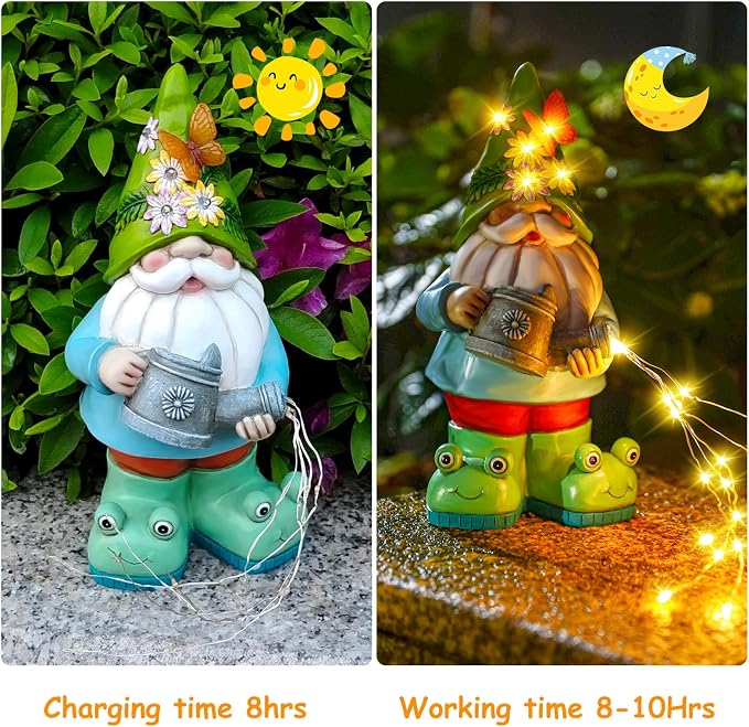 Solar Watering Can Gnome Resin LED Garden Statue | IP65 weatherproof figurine with 30 cascading warm lights; holiday gift for women & mom