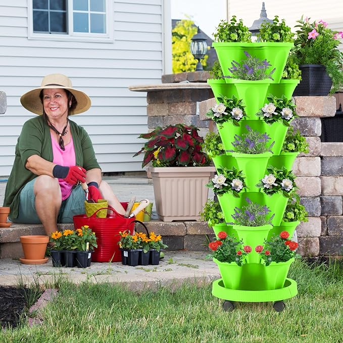 Umigy 1 Set Light Green 7 Tier Vertical Planter Stackable Tower Planters Strawberry Herb Flower and Vegetable Pots Indoor Outdoor Gardening Pots with Removable Wheels and Tools