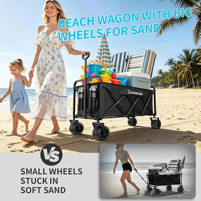 300L Large Collapsible Wagons Carts with Big All-Terrain Beach Wheels, Foldable Shopping Wagon Cart, Heavy Duty 480lbs Load, Folding Utility Cart for Groceries Garden Sport (Black)