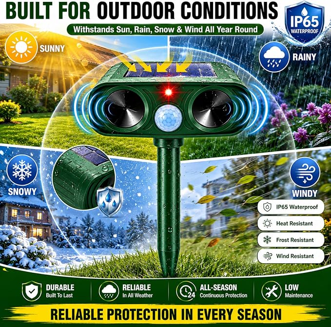 2 Pack Upgraded Solar Animal Repellent Ultrasonic Outdoor for Raccoons,Squirrels,Cats,Rabbits,Skunks & Foxes,Sonic Deer Repellent Devices with Motion Sensor Animal Deterrent Devices for Yard Garden