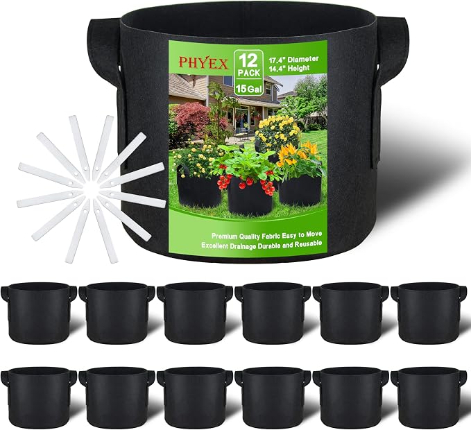 12-Pack 15 Gallon Grow Bags, Heavy Duty Fabric Pots with Handles, Reusable Plant Bags for Vegetable, Herbs & Flowers, BPA-Free, Breathable, Durable