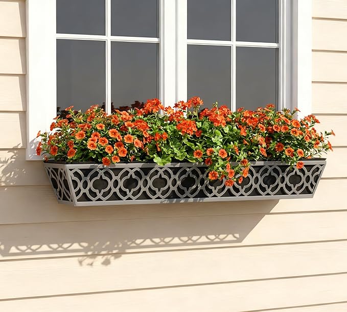 Y&M 2Pcs 36'' Railing Planter Box Set with Adjustable Brackets, Large Hanging Window Boxes for Fence, Deck, Balcony, and Garden, Gray Metal Frame with Black Nonwoven Fabric Liner