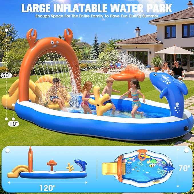 StarOcean 2026 Large Inflatable Play Center,Kiddie Pool with Water Slide&Sprinkler,120''x70"x50''Inflatable Toddler Pool with Slide,BlowUp Water Play for Toldder,Inflatable Water Park for Kid Backyard