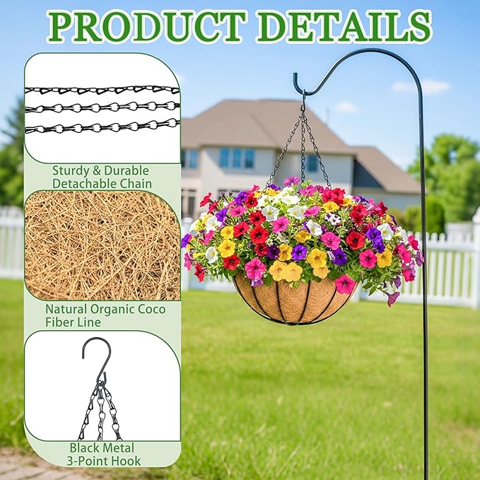 Hanging Planters for Outdoor Plants 4 Pack 16 inch Metal Hanging Flower Basket with Coco Coir Liner Wire Plant Holder Watering Flower Baskets Pot Hanger Garden Decoration for Indoor Outdoor(XGL)