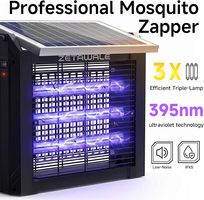 Solar Powered Bug Zapper Outdoor, 4500V Mosquito Trap with 10W Solar Panel, Fly Trap & Mosquito Killer, 10FT Extension Cord, IPX5 Waterproof, 2100 Sq.Ft Coverage for Patio, Backyard, Garden