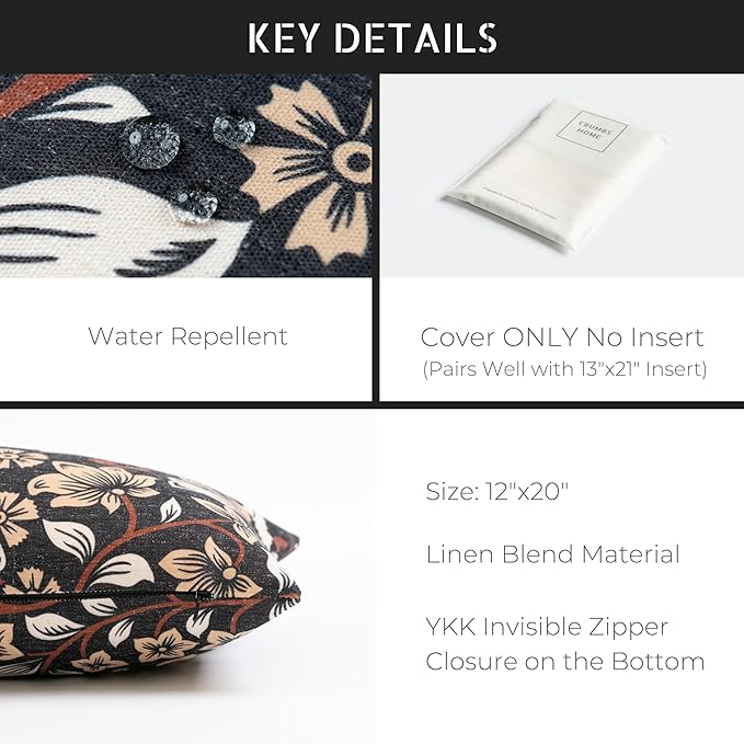 Crumbs Home Modern Farmhouse Fall Linen Indoor Outdoor Lumbar Pillow Cover Only, 12"x20" Water Repellent for Patio, Backyard, Couch, Black Ivory Cream Floral