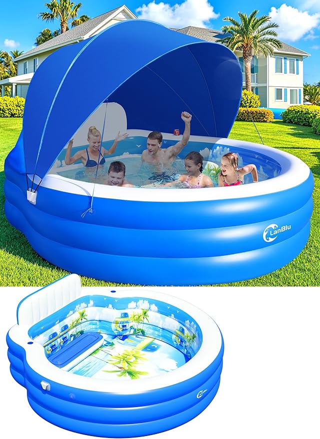 2026 Extra Large Upgraded Inflatable Pool with Canopy, Inflatable Family Lounge Pool, Round Blow Up Pool for Adult with Bench&Backrest,Swim Center Easy Backyard Pools for Kids & Adults, Blue