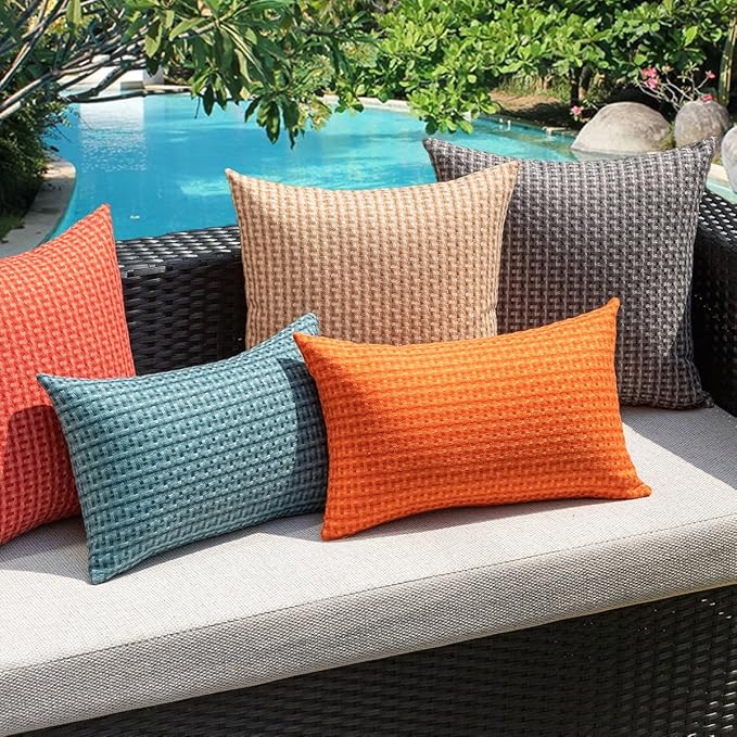 Kevin Textile Fall Outdoor Waterproof Throw Pillow Covers Pack of 2 Boho Farmhouse Decorative Lumbar Cushion Covers for Garden Patio Tent Balcony Bench Couch Sofa 14x24 Inch, Orange