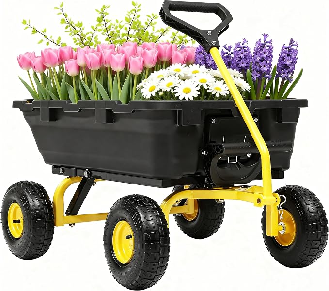 Garden Dump Cart 900Lbs, 2026 Upgraded Heavy Duty Wheelbarrow Dump Wagon with 10" Non-Slip Pneumatic Tires & Quick-Release Dumping, 4-Wheel Steel Frame Utility Carts for Yard,Farm and Garden