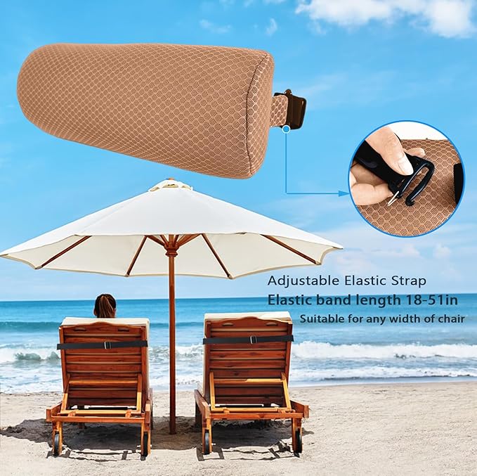 REEZEIVI 2 Pack Headrest Pillow for Patio Chaise Lounge,Chaise Lounge Pillows Outdoor 3D air mesh with Elastic Band,Quick Drying and Washable Spa Pillow for Recliner,Beach Chair,Office Chair,Brown