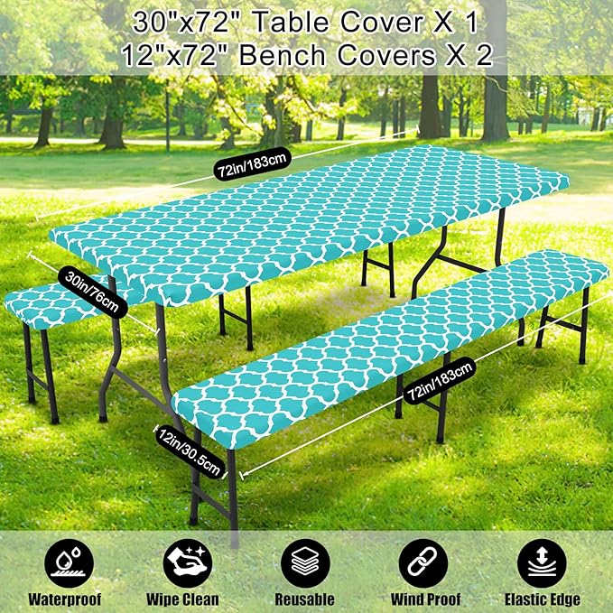 Smiry Picnic Table Cover with Bench Covers, Waterproof Elastic Fitted Tablecloth for 6 Foot Tables, Washable Polyester Tablecloths for Camping, Indoor & Outdoor (Teal, 30x72 Inch 3-pc Set)