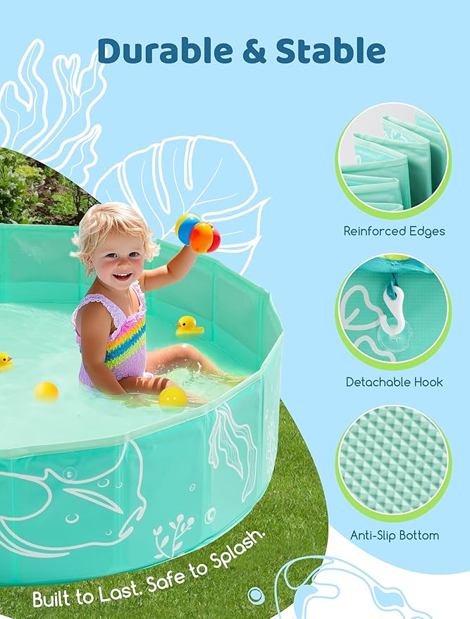 Hikiddy Foldable Kiddie Pool with Canopy: 31.5in/ 47in /63in for Baby Toddler Kids Family - Summer Water Play Pool with Shade - Portable for Outdoor Backyard Beach (Mint-Lemon, 47in)