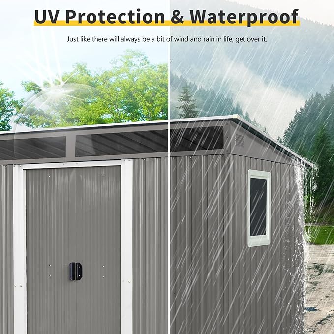 YOPTO 8FT x 6FT Outdoor Metal Storage with Window,Lockable Sliding Doors and Transparent Plate,Waterproof Cabinet w/Ventilation & Foundation,Garden Organizer Tool House for Backyard Patio,Gray
