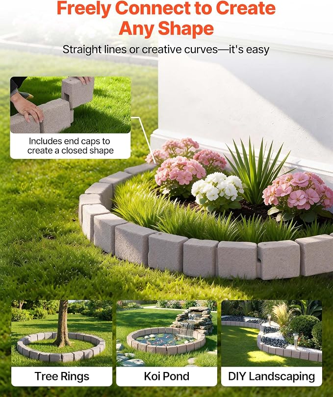 VEVOR Faux Stone Landscape Edging, 15.5 ft Kit, No Dig Garden Edging Border, Blocks for Lawn, Flower Beds, Yards, 4 Pack Each Section Has 6 Bricks 46.85"L x 3.94"W x 6.1"H, 9 Spikes & End Cap, Beige