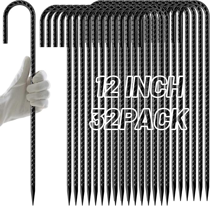 AAGUT Rebar Stakes 12 Inch 32 Pack, J Hook Premium Black Coated Ground Garden Anchors Heavy Duty, Superior Rust Resistance Chain Link Fence Stakes for Camping Tent, Inflatables, Lawn Decor