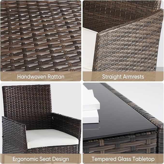 DUMOS 3-Piece Patio Furniture Set, All-Weather Outdoor Wicker Chairs with Removable Cushions & Tempered Glass Table, Small Bistro Set for Porch, Balcony, Lawn, Backyard, Brown