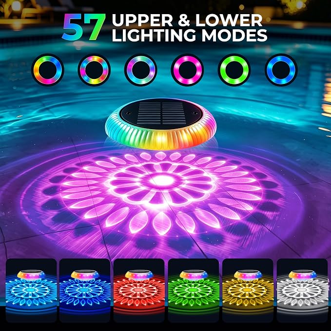 Solar Floating Pool Lights, 6.4" Solar Pool Lights that Float, RGB Upper and Lower Floating Pool Light Solar Powered, IP67 Waterproof, 57 Modes, 3 Timers for Above Ground Pools, Bathtub & Party, 2 PCS