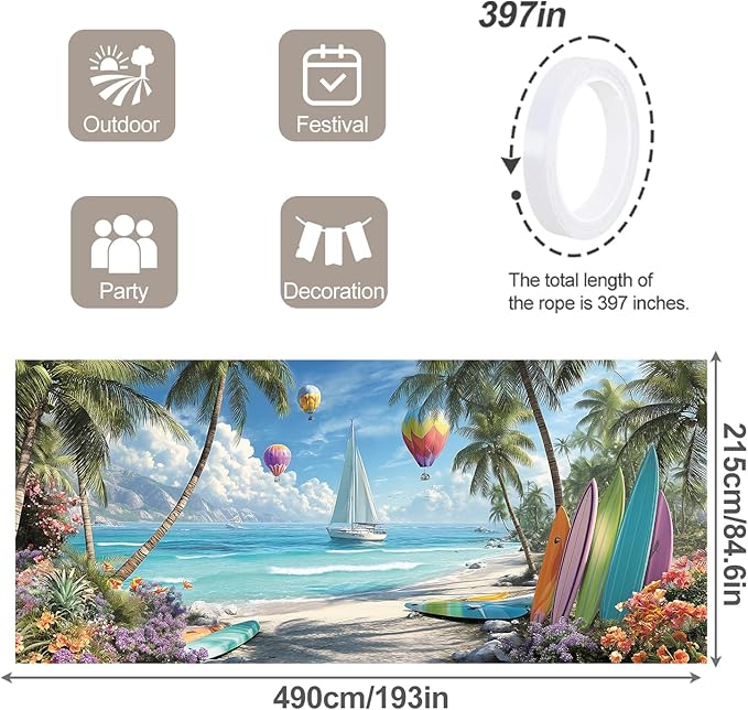 7 * 16FT Summer Hot Air Balloon Garage Door Cover Decorations Sunset Palm Trees Garage Door Banner for Outdoor Indoor Summer Party Photography Backdrop